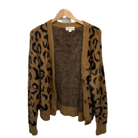 Anthropologie Cloth & Stone Women L Cardigan Sweater Brown Black Fuzzy Cheetah - Picture 3 of 13